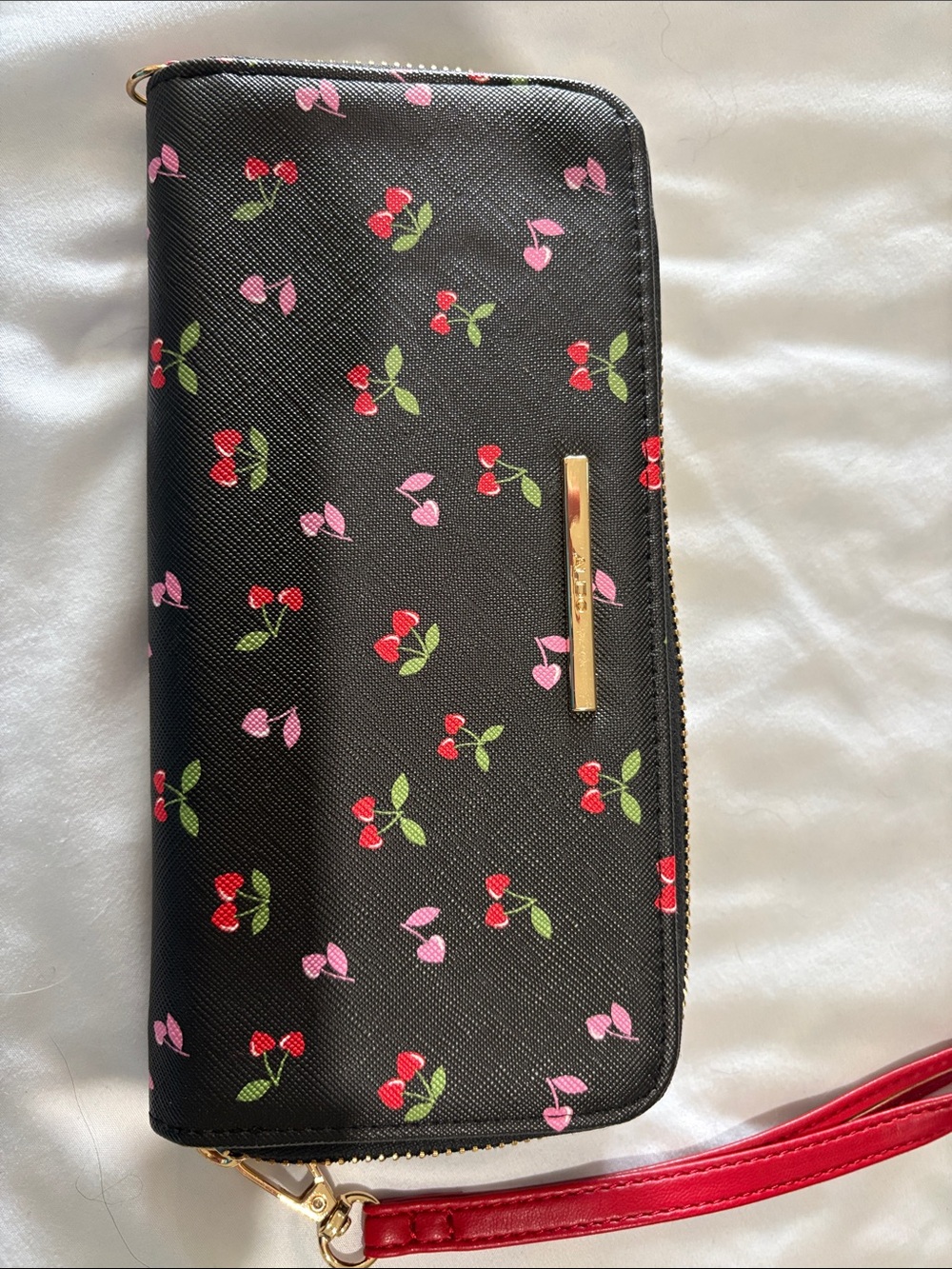 Aldo - Cherry Print Black Zip Wallet Wristlet